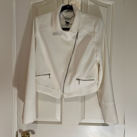 White House Black Market White Moto Style Blazer with Silver Zipper. - Picture 2 of 8